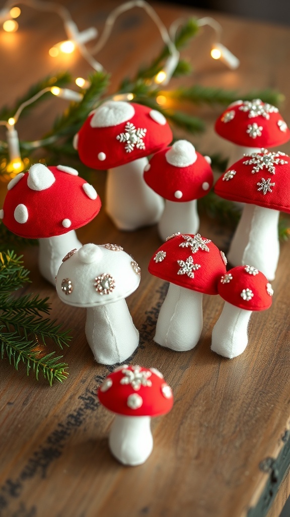 Colorful felt mushroom decorations for Christmas on a wooden table with pine branches and lights.